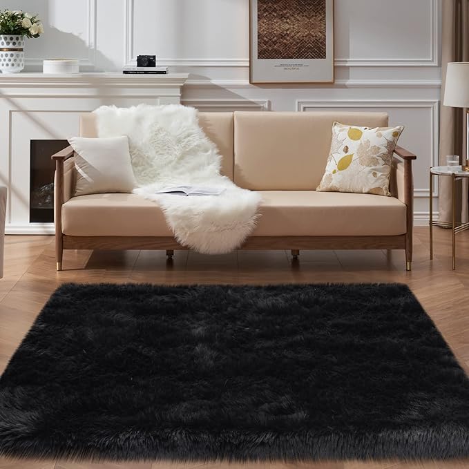 Black Faux Fur Rug for Bedroom 3'x5' Soft Shag Fuzzy Rugs for Living Room, Furry Bedside Nursery Rug Plush Indoor Floor Carpet for Kids Room Teen Dorm