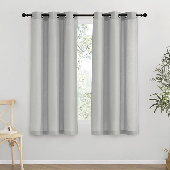 NICETOWN Thick Linen Blend Curtains Flax Textured for Bedroom, Rustic Grommet Semi Sheer Privacy Added Window Curtains & Drapes Light Filtering for Nursery, Gray, W42 x L63, Set of 2