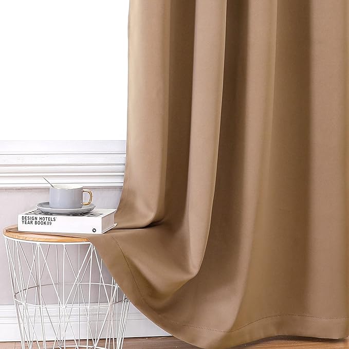 ChrisDowa 100% Blackout Curtains for Bedroom with Black Liner, 2 Thick Layers Total Blackout Thermal Insulated Grommet Small Window Curtains 2 Panels Set (Cappuccino, 42 x 45 Inch)