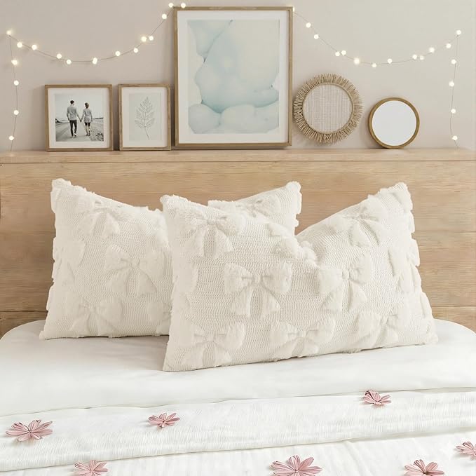decorUhome Cream White Bow Pillow Covers Set of 2 Coquette Aesthetic Cute Preppy Plush Faux Pillowcases for Girly Bedroom or Couch 12x20 Inch