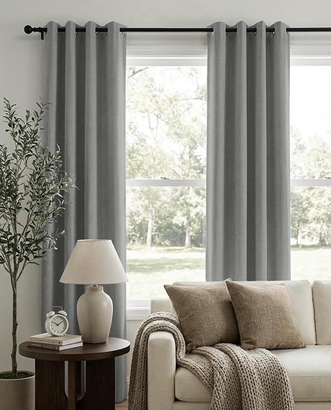 100% Blackout Shield Linen Blackout Curtains for Bedroom, Grey Grommet Curtains for Living Room, Thermal Insulated Room Darkening Drapes for Nursery, Boho Home Decor, 50" W x 72" L, 2 Panels