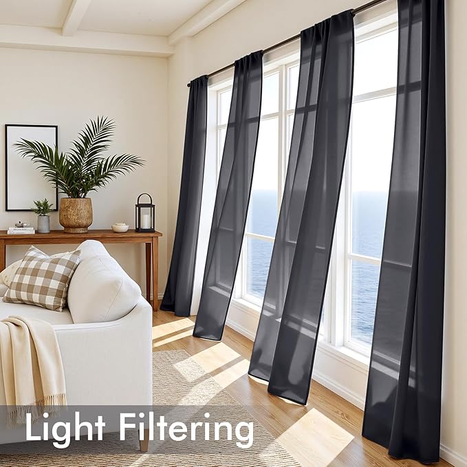 MIULEE Black Sheer Curtains 84 Inches Long, 4 Panels Set, Light Filtering Halloween Rod Pocket Voile Drapes for Living Room and Bedroom, Airy Soft Fabric Window Treatments, 54 x 84 Inches