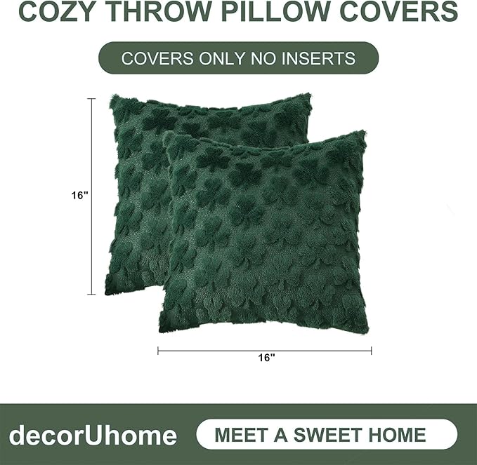 decorUhome St. Patrick’s Day Shamrock Green Pillow Covers 16x16 Inch Set of 2, Soft Plush Faux Wool Throw Pillow Covers, Farmhouse Spring Holiday Decor for Sofa Living Room