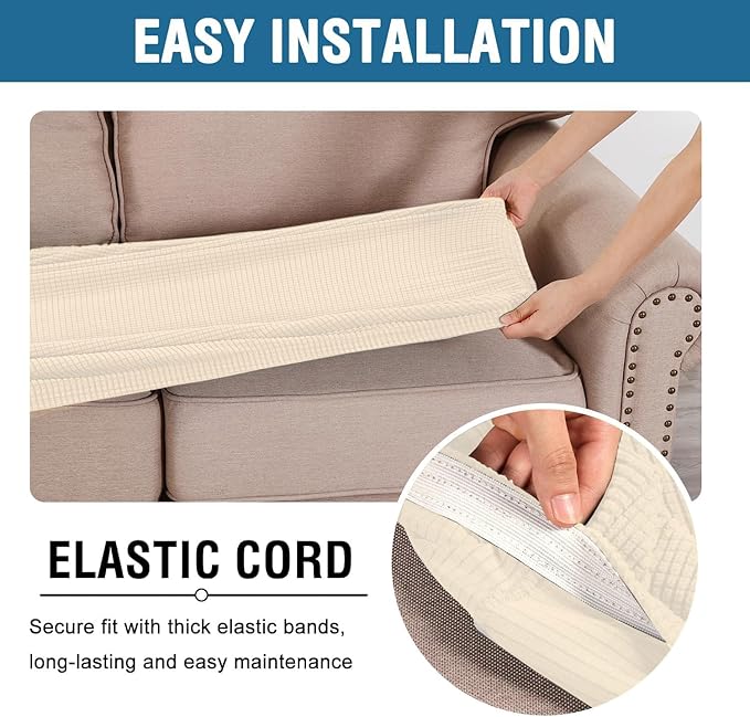 H.VERSAILTEX Super Stretch Individual Seat Cushion Covers Sofa Covers Couch Cushion Covers Slipcover Sets Thick Jacquard Textured Twill Fabric (1 Piece Loveseat Cushion Cover, Cream)