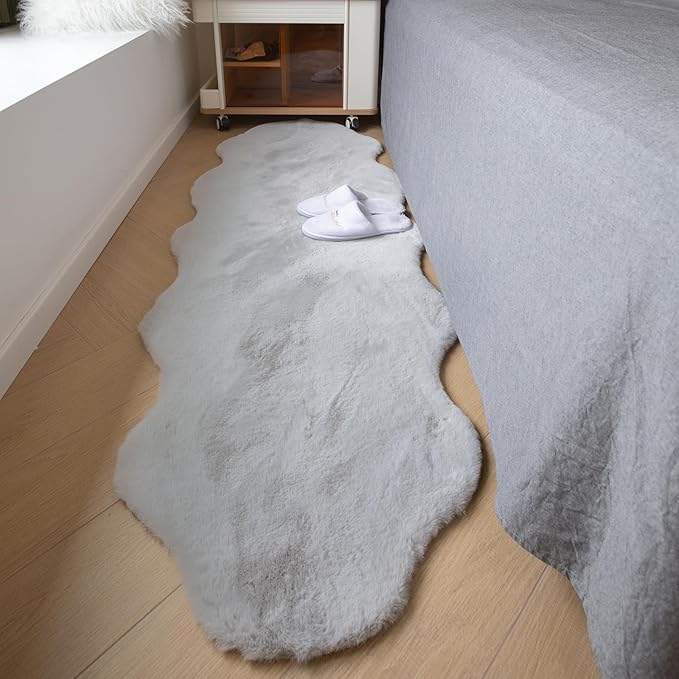 ThreadGlobe Fluffy Faux Rabbit Fur Rug Runner 2'x6', Ultra Soft & Non-Slip Rugs for Bedroom, Living Room, Nursery, No Shedding Machine Washable Rug, Grey, 2x6 Ft