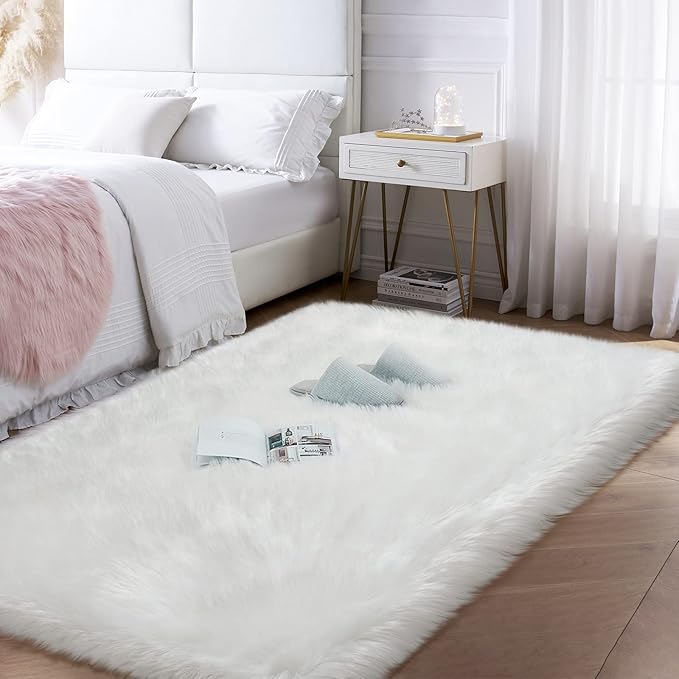 Faux Fur Area Rug, White Fluffy Rugs for Bedroom Living Room, 4'x6' Soft Shaggy Fuzzy Rug for Nursery, Indoor Plush Floor Carpets for Kids Girls Boys Teen Dorm, Cute Home Decor, Rectangle