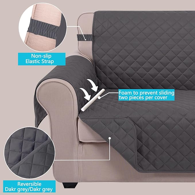 U-NICE HOME Reversible Sofa Cover Couch Cover for Dogs with Elastic Straps Water Resistant Furniture Protector for Pets Couch Cover for 3 Cushion Couch (Sofa, Dark Grey/Dark Grey)