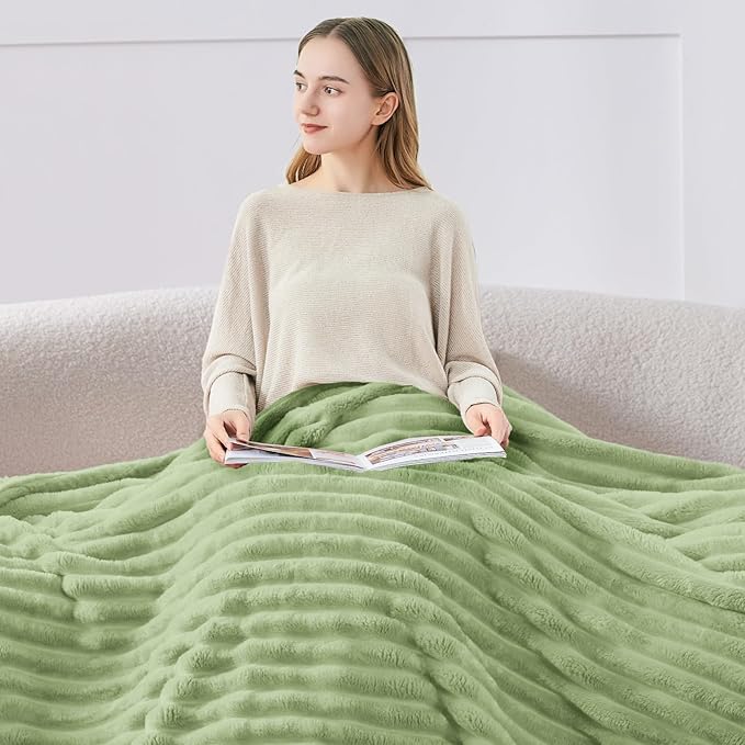BEDELITE Fleece Throw Blanket for Couch - 300GSM Soft & Warm Fluffy Sage Green Blanket, Decorative and Giftable Striped Blankets for Women, Men, 50"x60"