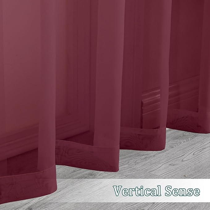 Chyhomenyc Burgundy Sheer Valances for Windows - Light Filtering Small Kitchen Curtains, Rod Pocket Short Top Window Treatment Decor for Living Room Bathroom Basement, 42Wx16L inches, 2 Panels