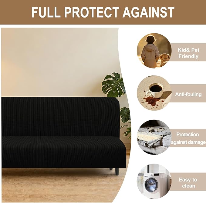 U-NICE HOME Stretch Futon Cover Armless Bed Slipcover - Soft Jacquard Fabric Washable for Pet Friendly, Black