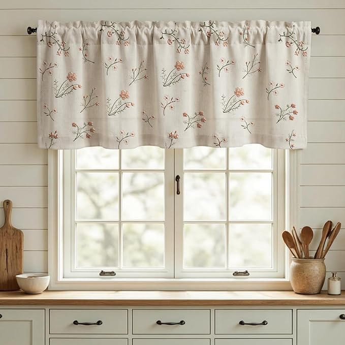 Kitchen Valances for Windows, Floral Embroidered Spring Linen Blend Farmhouse Cottage Vintage Light Filtering Valance Rod Pocket Window Treatment, 52 x 18 Inch, 1 Panel