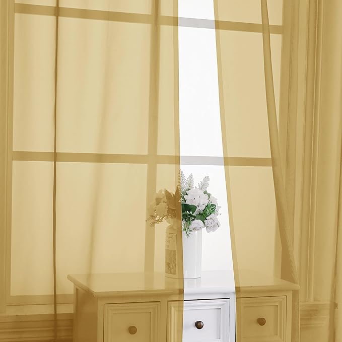 Chyhomenyc Gold Sheer Curtains 84 Inches Long 2 Panels, Light Filtering Gold Curtains for Living Room, Soft Gentle Voile Rod Pocket Bedroom Window Drapes, 59Wx84L Inch, 2PCS
