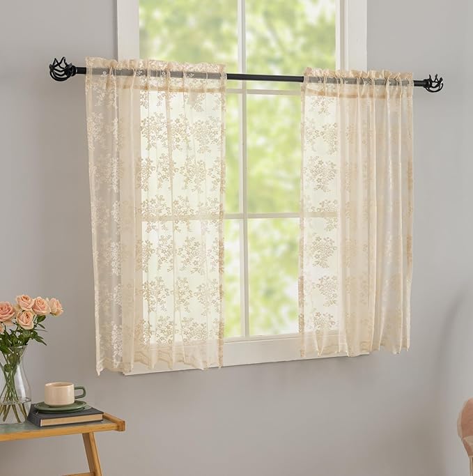 YJ YANJUN Vintage Lace Curtains 36 inch Length - Beige Short Cafe Kitchen Window Curtains Over Sink 2 Panels, Scalloped Edges, Light Filtering, Rv Curtain for Camper Windows Each W26xL36 Inch