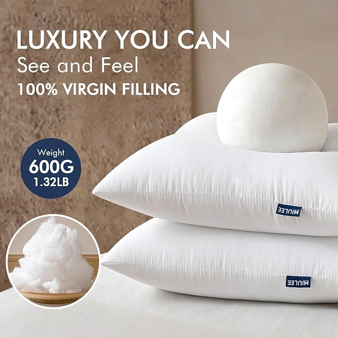 MIULEE Throw Pillows Inserts, Pack of 2 20x20 Inch 100% Virgin Fiber Filling Bed Couch Pillows