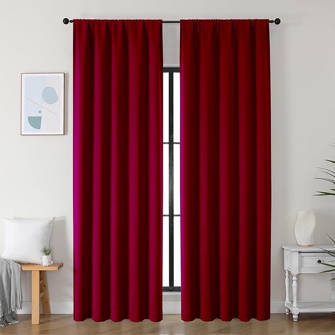 Simplebrand Ava Red Blackout Curtains for Bedroom 90 Inches Long 2 Panels Set, Solid Privacy Energy Saving Living Room Window Treatment Curtains Blackout Drapes, W50 x L90 Inch, Red