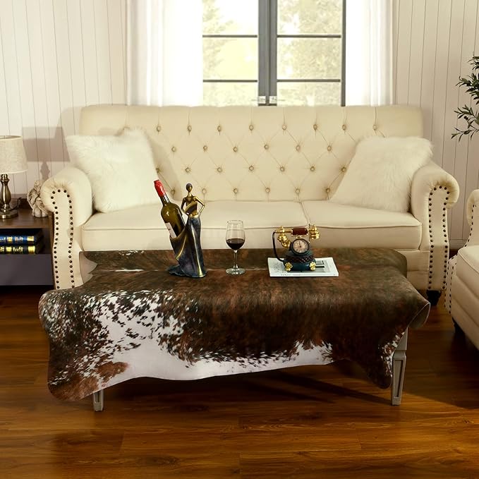 AROGAN 8x10 Faux Cowhide Area Rugs for Living Room, Animal Skins Cow Hide Rug for Bedroom, Cool Western Christmas Decor, Thin Leather Cow Hide Carpets Fireplace Rug, Saddle Brown