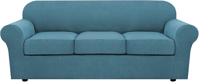 H.VERSAILTEX 4 Piece Stretch Sofa Covers for 3 Cushion Couch Covers for Living Room Furniture Slipcovers (Base Cover Plus 3 Seat Cushion Covers) Upgraded Thicker Jacquard Fabric (Sofa, Storm Blue)