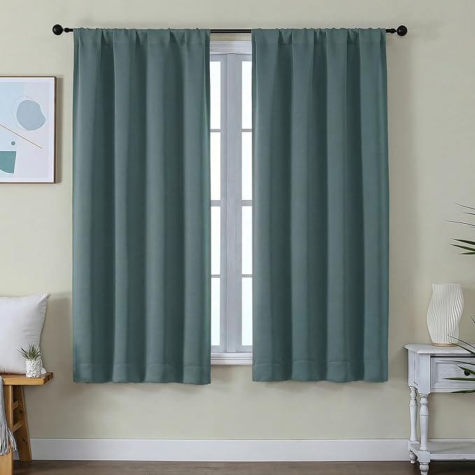 Simplebrand Ava Dark Green Blackout Curtains for Bedroom 63 Inch Length 2 Panels Set, Privacy Thermal Insulated Rod Pocket Door Window Curtains for Patio French Door Front Door, W40 x L63 Inch