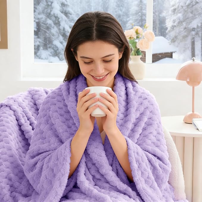 BEDELITE Fleece Twin Blanket for Couch & Bed - 3D Jacquard Decorative Lavender Throw, Super Soft and Cozy Warm Fuzzy Blanket All Seasons Suitable, 60x80Inches