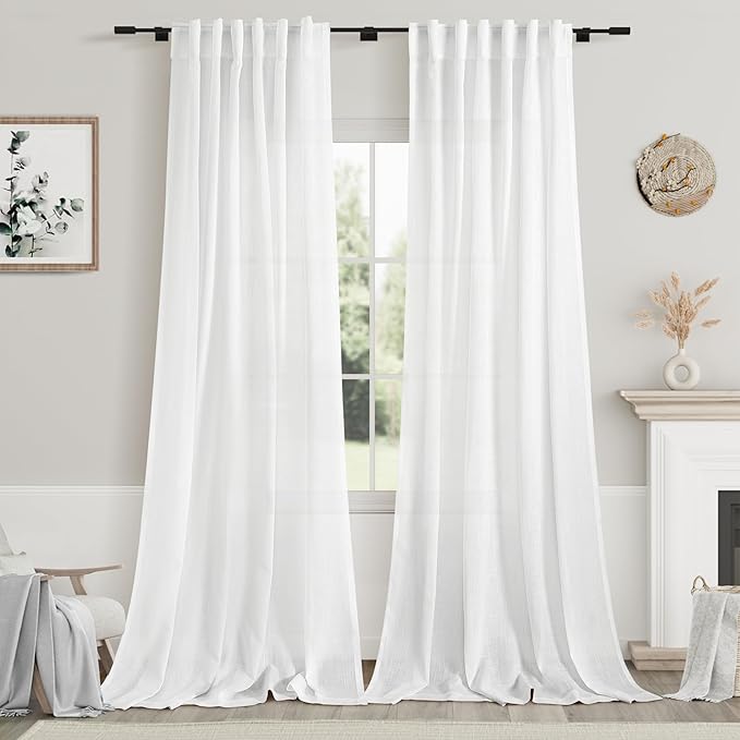 White Linen Curtains 96 Inches Long 2 Panels Set Back Tab Rod Pocket Semi Sheer Light Filtering Window Curtain Drapes Neutral Modern Aesthetic Long Curtains for Living Room Bedroom Decor 42x96
