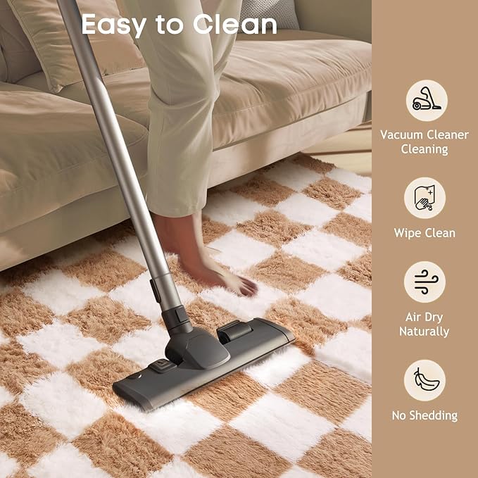 Ophanie Checkered Beige & White Rug for Living Room Bedroom, Fluffy Soft Cute Fuzzy Area Rugs, Shag Plush Shaggy Bedside Floor 8x10 Furry Carpet for Kids Baby Teen Dorm Nursery Home Decor Aesthetic