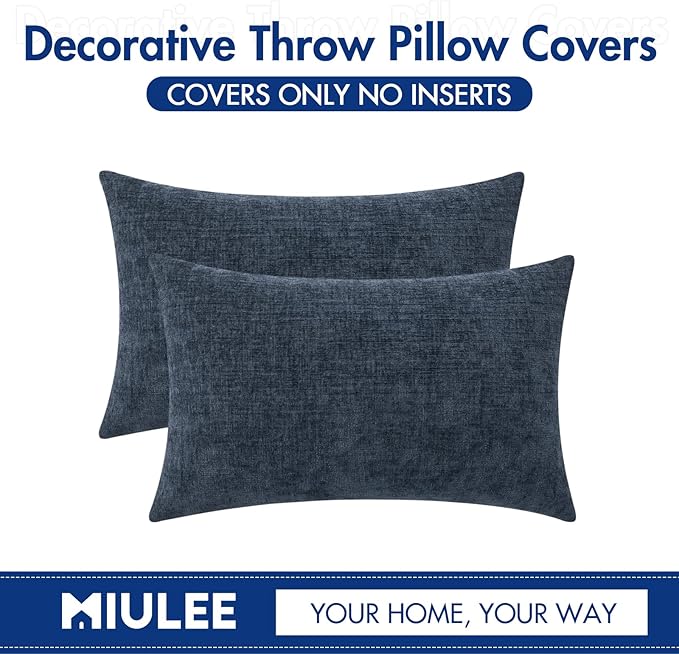 MIULEE Pack of 2 Couch Throw Pillow Covers 12x20 Inch Soft Navy Blue Chenille Lumbar Pillow Covers for Sofa Living Room Solid Dyed Cases
