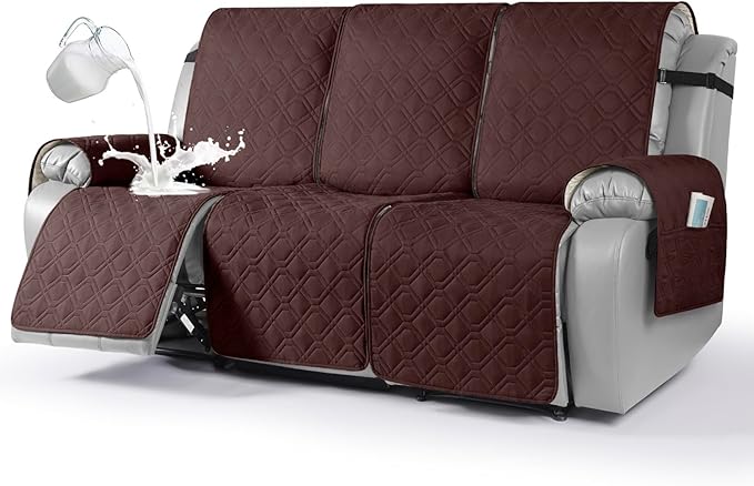 VANSOFY Waterproof Recliner Couch Covers, Sofa Covers 1-Piece Washable Reclining Sofa Cover Non-Slip Furniture Protector with Elastic Straps Pocket for Dogs, Pets(Coffee,3 Seater)