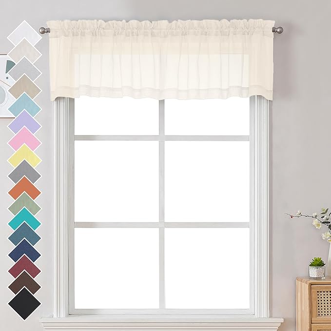 Chyhomenyc Cream Sheer Valances for Windows 2 Pack, Small Window Curtains for Living Room Bathroom Cafe Laundry Basement, Modern Top Dual Rod Pocket Voile Curtain, 42W x 14L inches