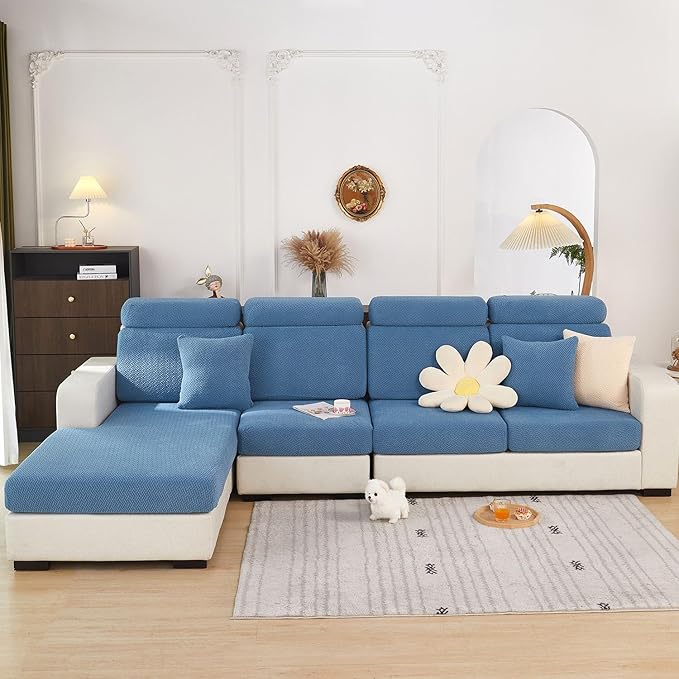 Sofa Covers Couch Covers for Sofa Pet Friendly Couch Cushion Covers Universal Sofa Covers Washable Stretch Slipcovers for Sectional Sofa (Texture Blue,Chaise Cover)