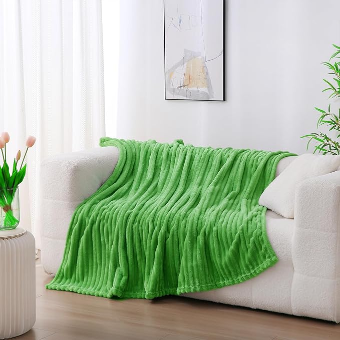 Bright Green Fleece Throw Blanket 50”×60” for Couch Sofa Bed,Super Soft Cozy Plush Microfiber Flannel Blanket with Stripes Design Lightweight for Adults,Woman,Girls