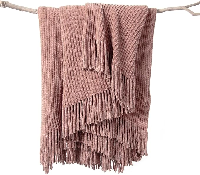 lifein Pink Throw Blanket for Couch, Soft Boho Decor Bed Throw,Cozy Chenille Knitted Small Farmhouse Lightweight Throw (Pink,50 * 60")