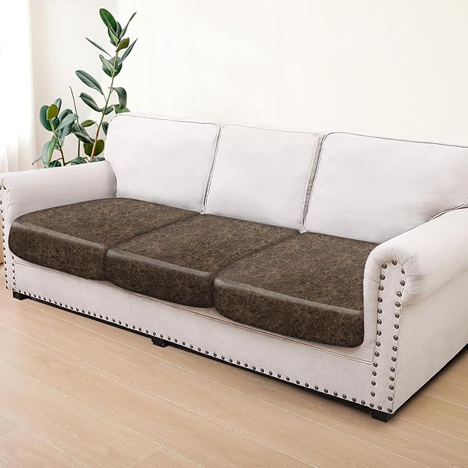 Leather Look Couch Cushion Covers Sofa Seat Slipcovers Sets Couches Furniture Protector for Sectional Armchair Loveseat Pets Kids Stretch Spandex Fabric (3 Cushion Sofa, Taupe)