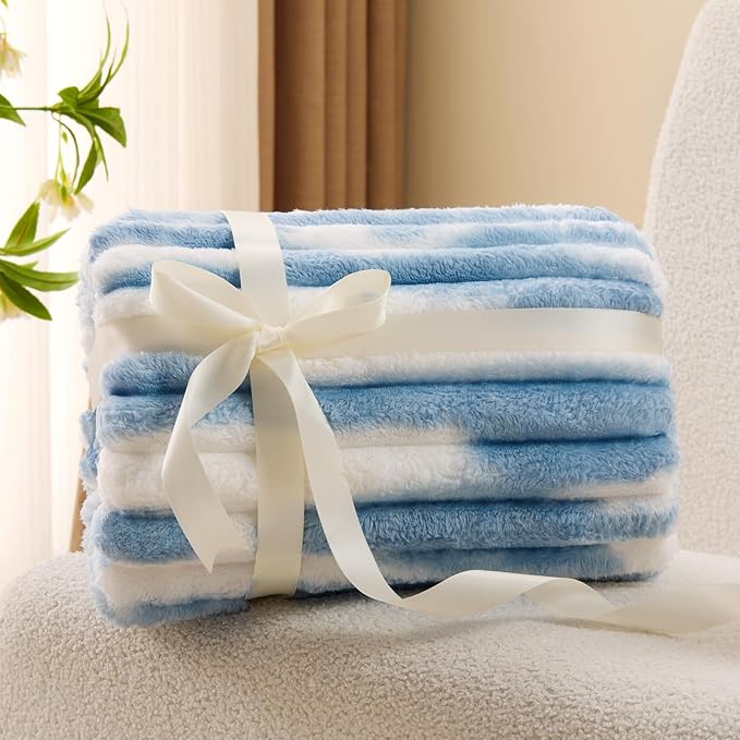 BEDELITE Fleece Throw Blanket for Couch - 300GSM Soft & Warm Fluffy Tie-dye　Blue Blanket, Decorative and Giftable Striped Blankets for Women, Men, 50"x60"