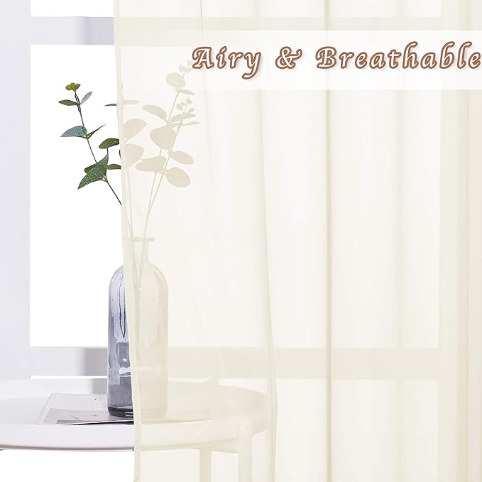 NICETOWN Sheer Curtain Panels 96 inch Cream Beige - Window Treatments Voile Panels with Eyelet Top for Living Room (One Pair, W54 x L96)