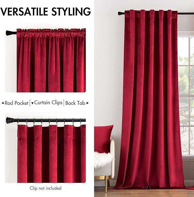 MIULEE Velvet Curtains 90 inches - Luxury Blackout Curtains for Bedroom Living Room Thermal Insulated Super Soft Window Drapes Rod Pocket & Back Tab Christmas Decor, Red, W52 x L90 inches, 2 Panels