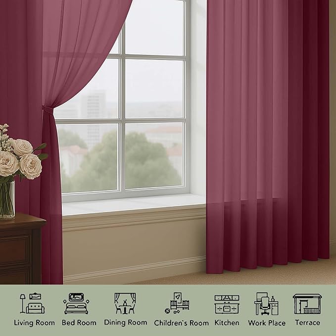 OWENIE Sheer Curtains 2 Panels Set for Bedroom Living Room, Soft Solid Rod Pocket Light Filtering Window Treatment, 2Pcs Each 59" W x 90" L, Burgundy Wine