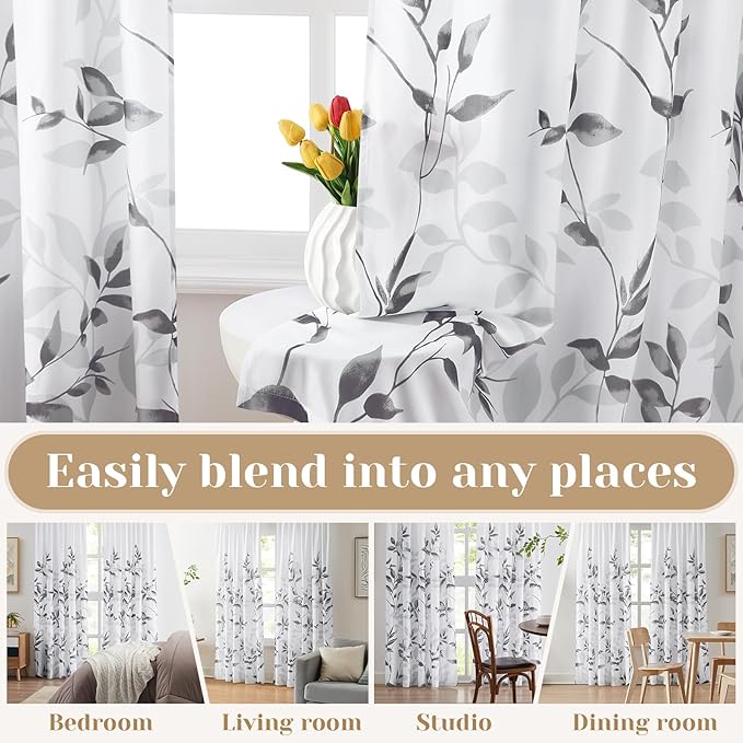 HOMEIDEAS Grey and White Semi Sheer Curtains, 84 Inches Long Light Filtering Drapes, Gray Leaf Printed Privacy Sheer Curtains for Bedroom Living Room, 2 Panels