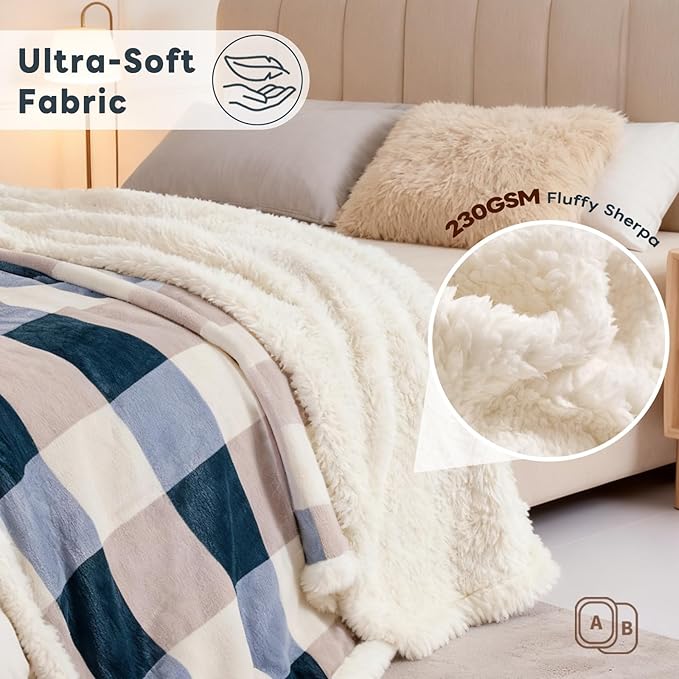 PU MEI Sherpa Fleece Throw Blanket 80" x 90" Full/Queen Reversible Plush Fluffy Extra Large Big Blanket Lattice Flannel Blankets for Sofa Couch Bed (Grey-Soft Blue, 80"*90")