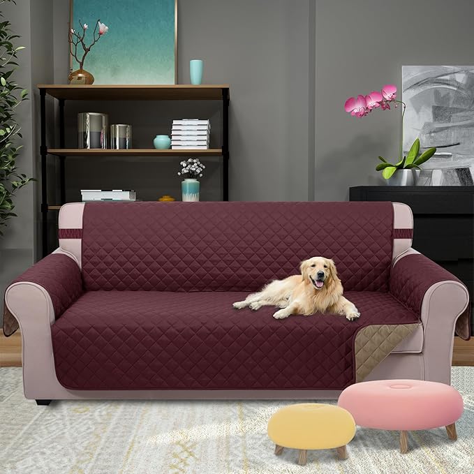 U-NICE HOME Large Sofa Cover Reversible Couch Cover for Dogs with Elastic Straps Water Resistant Furniture Protector for Pets Couch Cover for 4 Cushion Couch (Oversized Sofa, Burgundy/Tan)