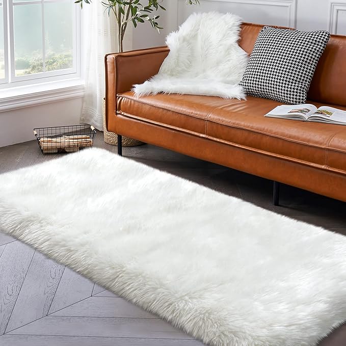 White Fluffy Rug for Bedroom, 2'X6' Faux Fur Rug for Runner, Soft Shag Rug for Sofa Couch Cushion, Cozy Shaggy Fuzzy Plush Floor Carpet for Nursery, Cute Bedside Dorm Home Decor Rectangle