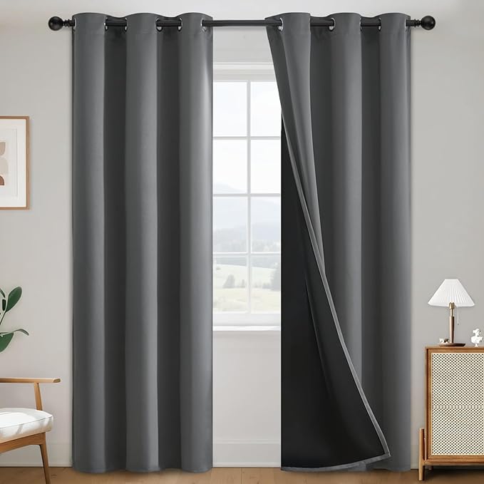 SimpleHome 100% Blackout Curtains for Bedroom,Thermal Insulated Grey Grommet Window Drapes Room Darkening Curtains for Living Room with Black Back,38 x 84 Inch,2 Panels