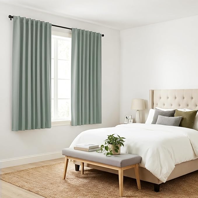 PONY DANCE Curtains Light Block - Thermal Insulated Back Tab Draperies Energy Saving/Short Window Covering for Bedroom Bay Windows, 42 Wide by 36 inch Drop, Sage Green, 2 Panels