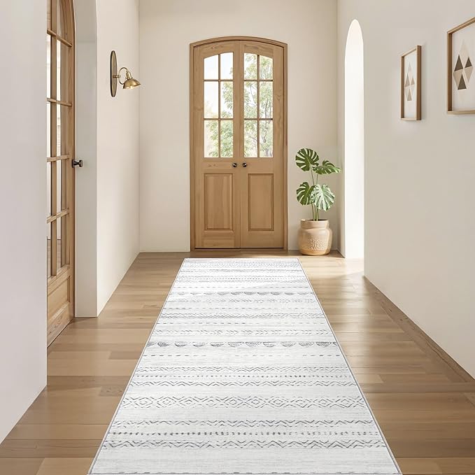 Nakagishi Runner Rug Kitchen Washable Rugs: 3x8 Non-Slip Boho Soft Modern Stain Resistant Indoor Floor Neutral Farmhouse Throw Carpet for Hallway Bathroom Laundry Room Entryway Bedroom- Grey