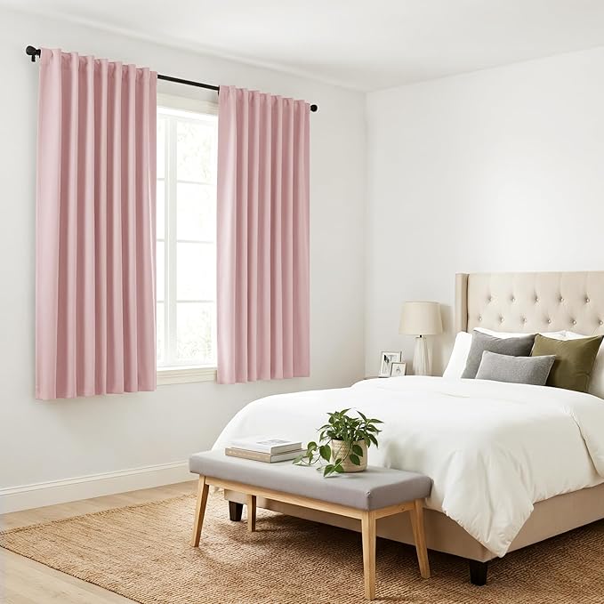 PONY DANCE Kitchen Curtains Short - Thermal Insulated Window Covering Curtain Panels with Rod Pocket/Back Tab Light Block for Bathroom, Wide 42 by Long 45 Inches, Blush Pink, 2 Pieces