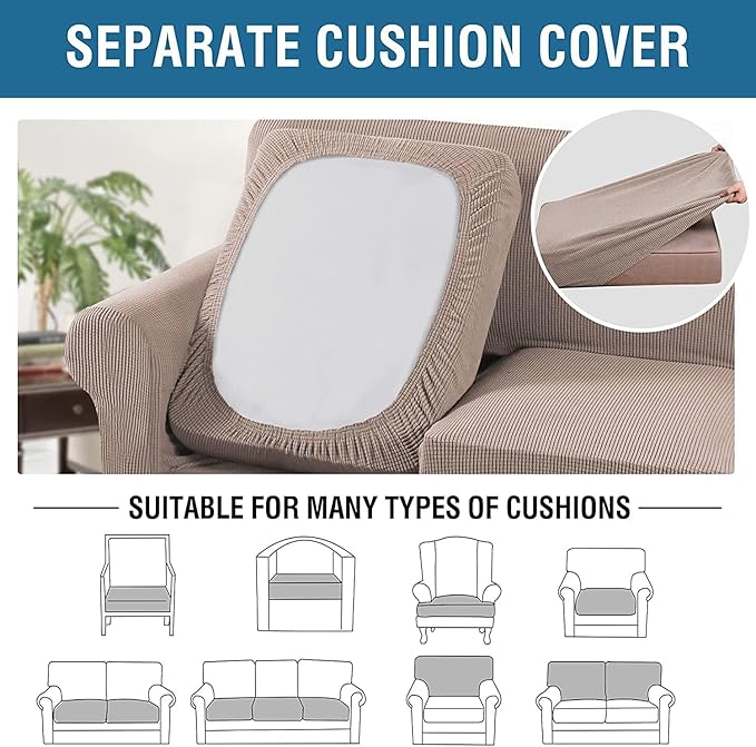 4 Piece Stretch Sofa Covers for 3 Cushion Couch Covers Furniture Slipcovers (1 Base Cover Plus 3 Seat Cushion Covers) Thicker Jacquard Fabric Cover (XL Sofa, Khaki Sand)