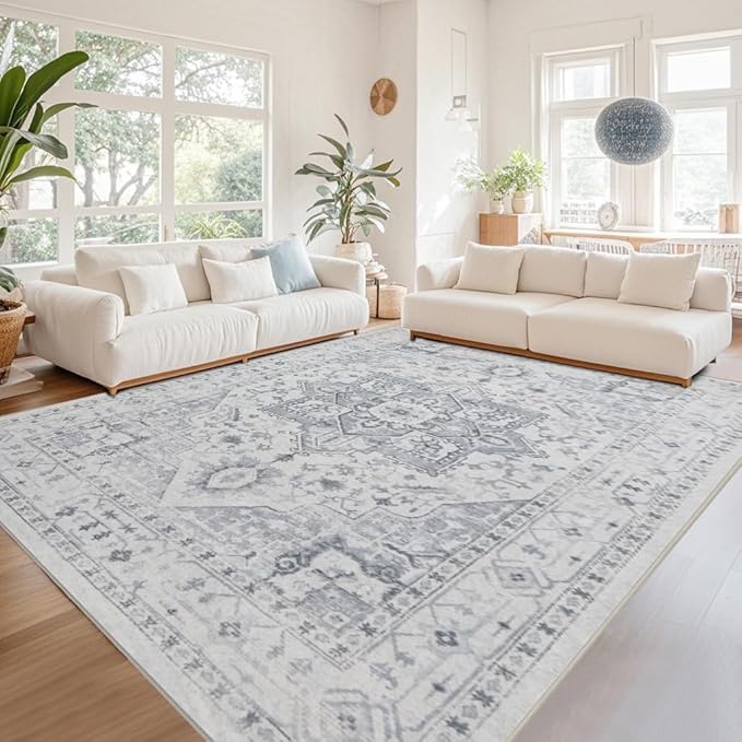 Srugn Area Rugs 5x7 Washable Area Rugs for Living Room- Ultra Soft Non-Shedding Faux Wool Bedroom Rug Grey Vintage Print Rugs Non Slip Dining Room Rugs Large Floor Carpet for Farmhouse Home Office