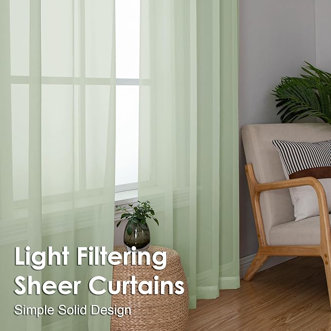 OVZME Light Green Sheer Curtains 96 Inches Long 2 Panels - Soft Light Filtering Window Sheer Panels for Living Room/Bedroom, Top Dual Rod Pocket, 1 Pair, Each 42Wx96L Inches