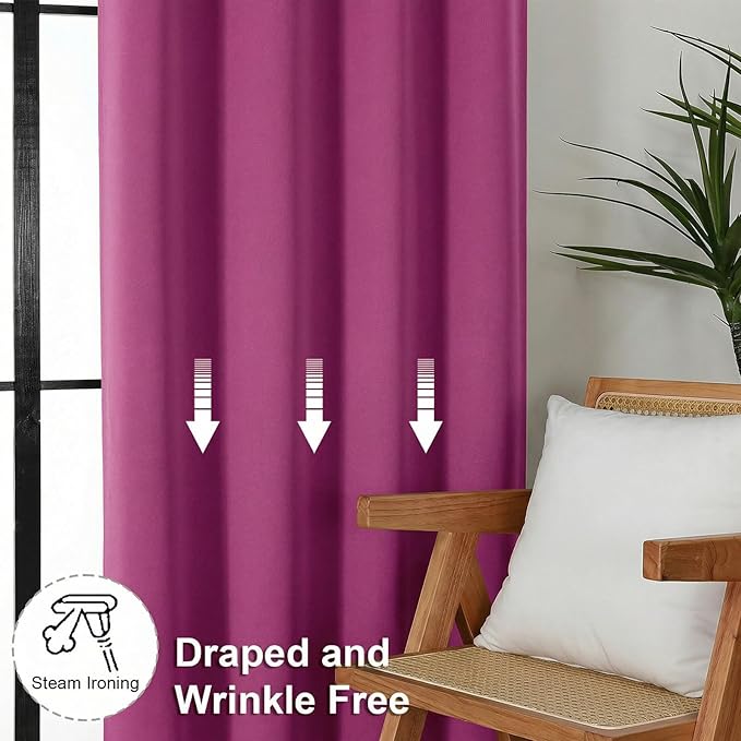 Simplebrand Ava Hot Pink Blackout Curtains for Bedroom 63 Inch Length 2 Panels Set, Privacy Thermal Insulated Rod Pocket Door Window Curtains for Patio French Door Front Door, W40 x L63 Inch