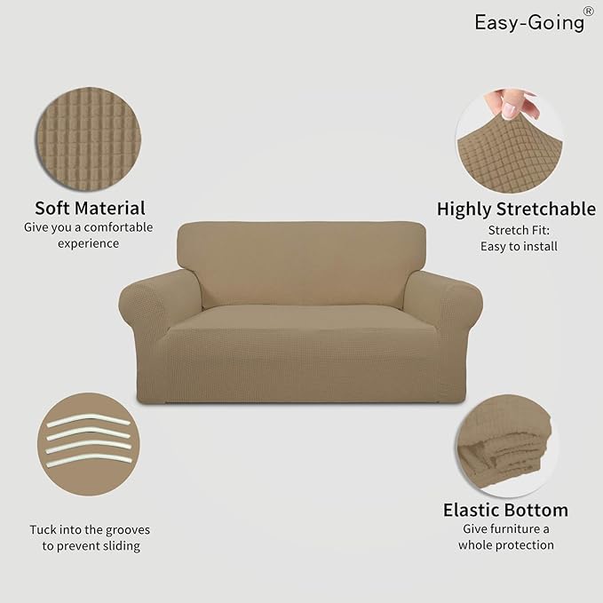 Easy-Going Stretch Loveseat Slipcover 1-Piece Sofa Cover Furniture Protector Couch Soft with Elastic Bottom for Kids Polyester Spandex Jacquard Fabric Small Checks (Loveseat, Tan)