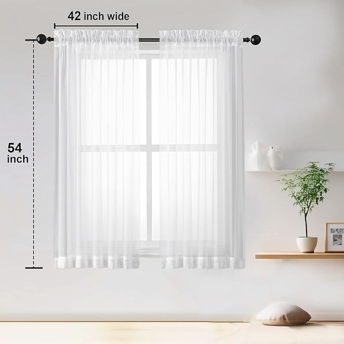 OWENIE Sheer White Curtains Living Room 54 inches Long, Rod Pocket Curtain Sheers Bedroom, Light Filtering Voile Panels Drapes Small Window Treatments 2 Panels, 42" W x 54" L, White